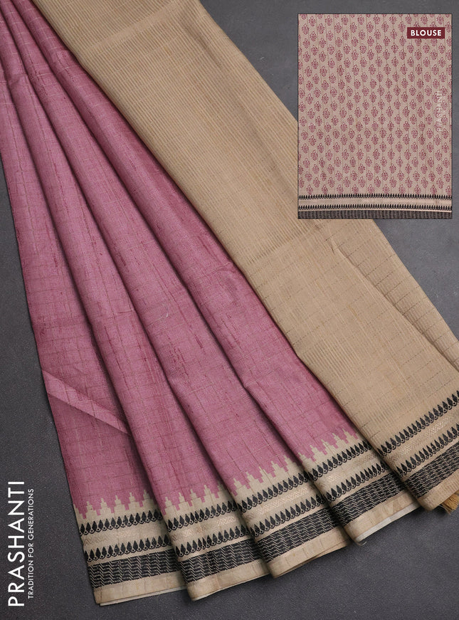 Semi tussar saree mauve pink and beige with allover zari checked pattern and temple design zari woven border