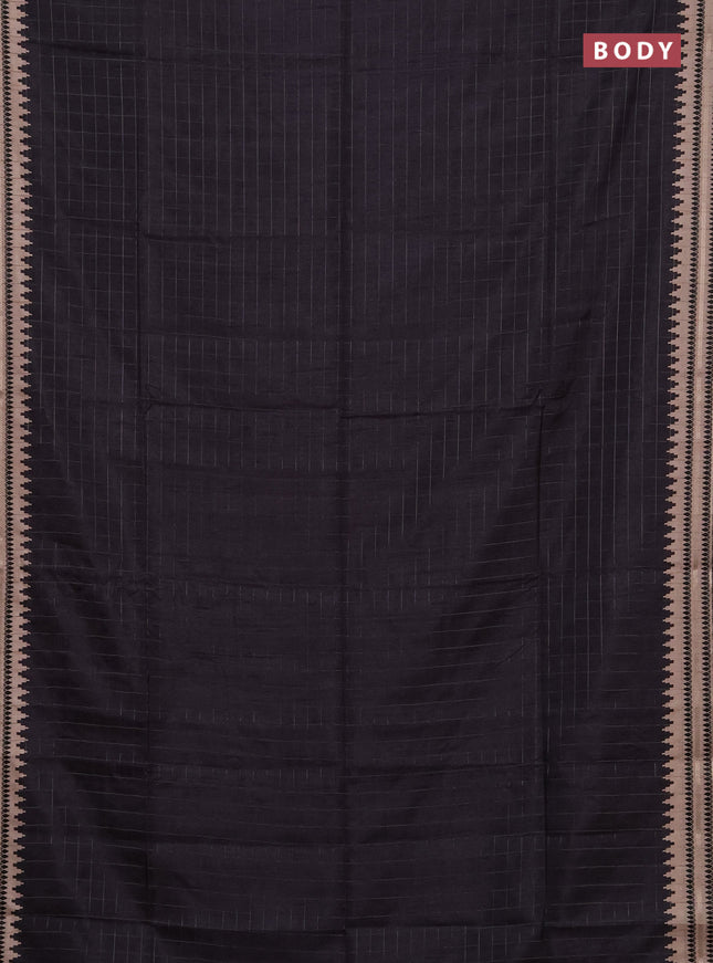 Semi tussar saree black and beige with allover zari checked pattern and temple design zari woven border