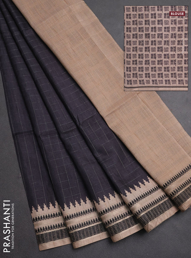 Semi tussar saree black and beige with allover zari checked pattern and temple design zari woven border