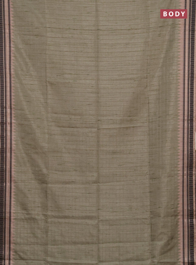 Semi tussar saree pastel green and beige with allover zari checked pattern and temple design zari woven border