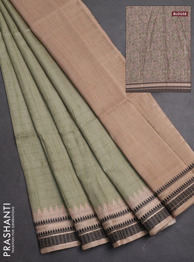 Semi tussar saree pastel green and beige with allover zari checked pattern and temple design zari woven border