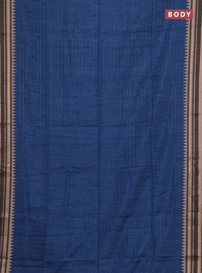 Semi tussar saree cs blue and beige with allover zari checked pattern and temple design zari woven border