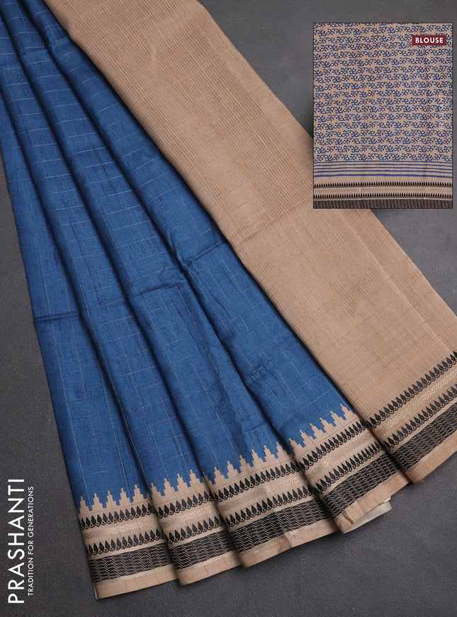 Semi tussar saree cs blue and beige with allover zari checked pattern and temple design zari woven border