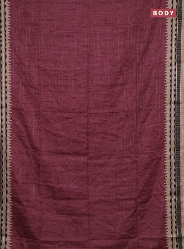 Semi tussar saree maroon shade and beige with allover zari checked pattern and temple design zari woven border