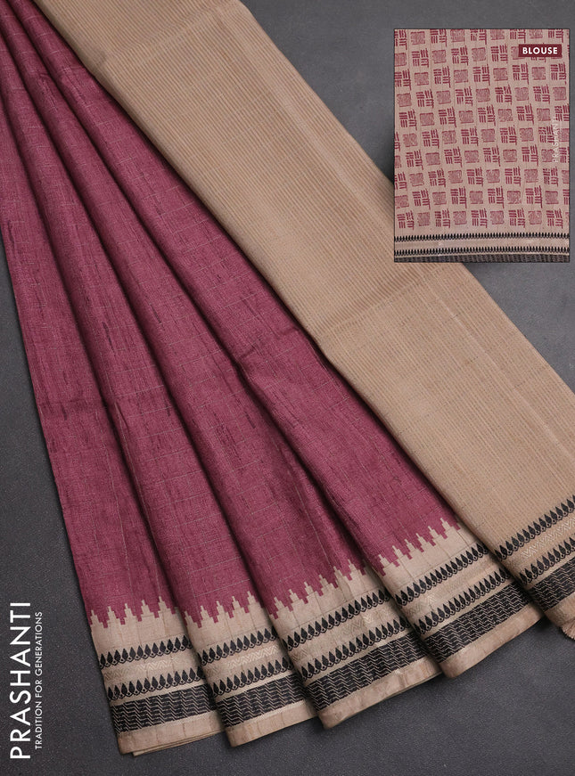 Semi tussar saree maroon shade and beige with allover zari checked pattern and temple design zari woven border