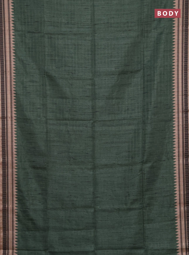 Semi tussar saree green and beige with allover zari checked pattern and temple design zari woven border