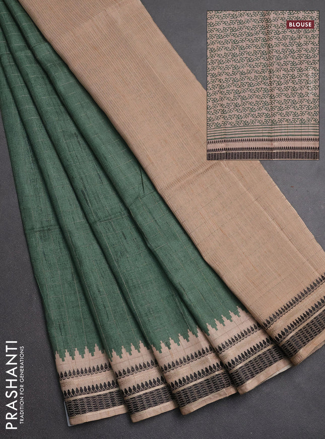Semi tussar saree green and beige with allover zari checked pattern and temple design zari woven border
