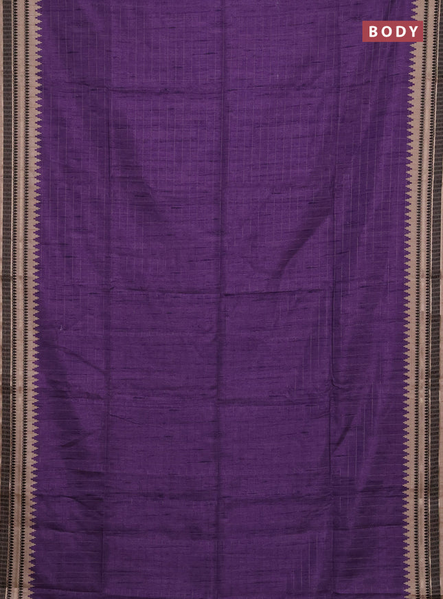 Semi tussar saree violet and beige with allover zari checked pattern and temple design zari woven border