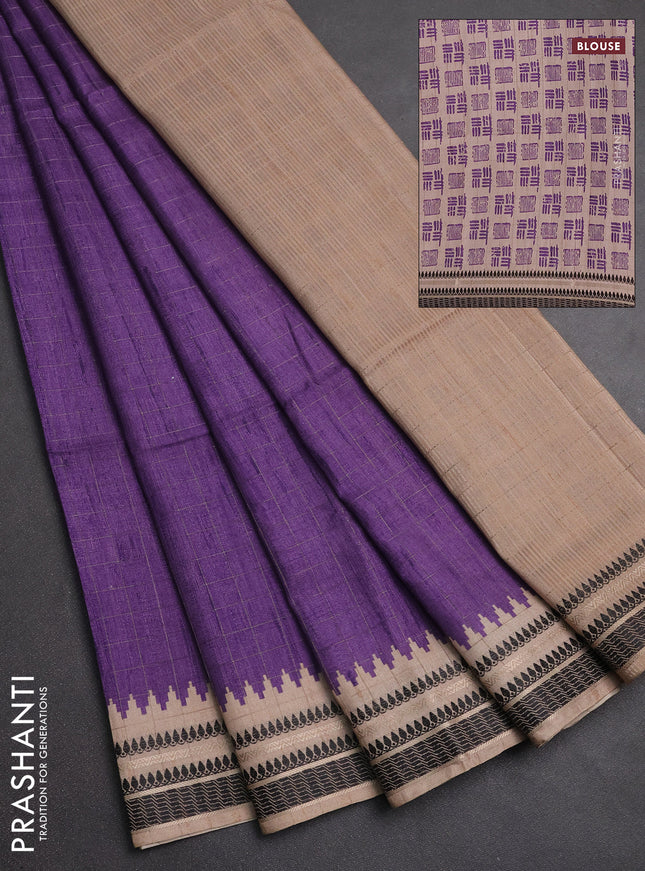 Semi tussar saree violet and beige with allover zari checked pattern and temple design zari woven border