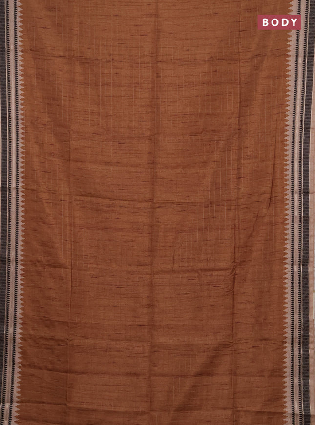 Semi tussar saree dark mustard and beige with allover zari checked pattern and temple design zari woven border