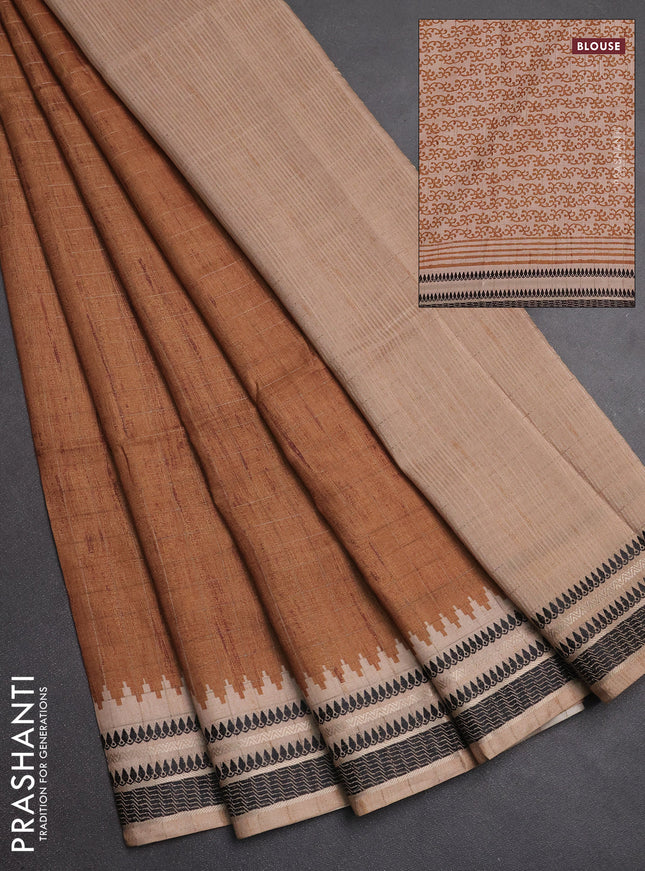 Semi tussar saree dark mustard and beige with allover zari checked pattern and temple design zari woven border