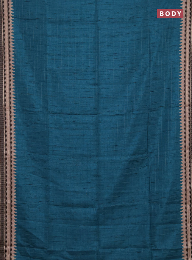 Semi tussar saree teal blue and beige with allover zari checked pattern and temple design zari woven border