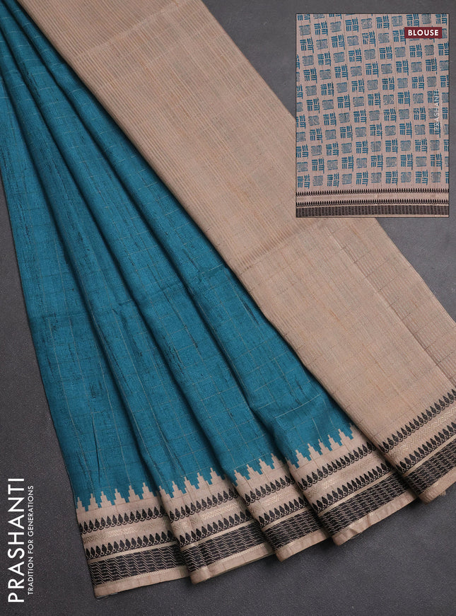 Semi tussar saree teal blue and beige with allover zari checked pattern and temple design zari woven border