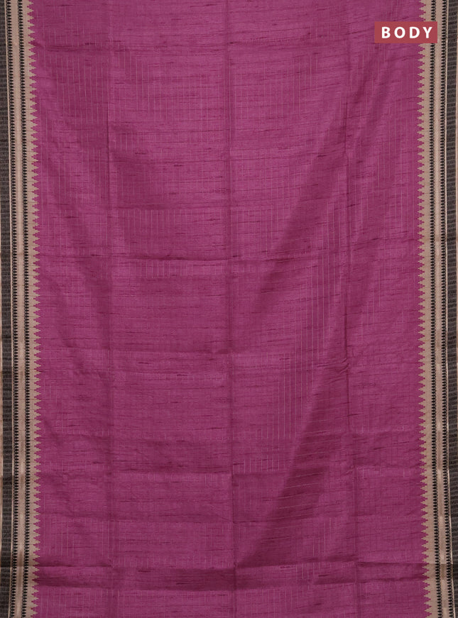Semi tussar saree magenta pink and beige with allover zari checked pattern and temple design zari woven border