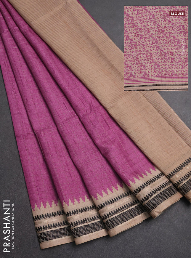 Semi tussar saree magenta pink and beige with allover zari checked pattern and temple design zari woven border