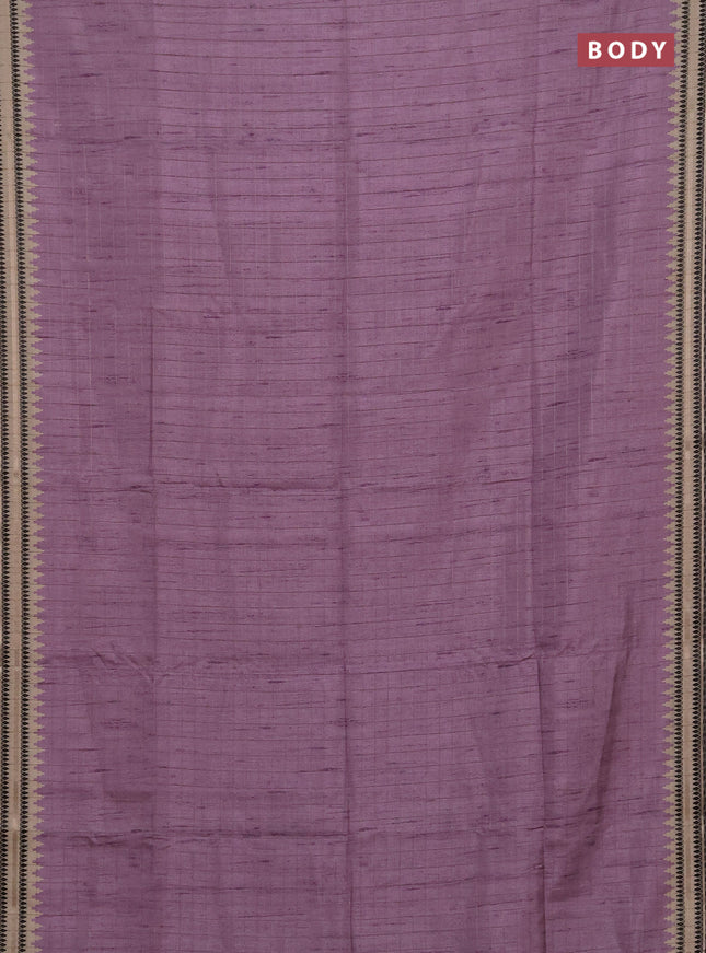 Semi tussar saree lavender and beige with allover zari checked pattern and temple design zari woven border