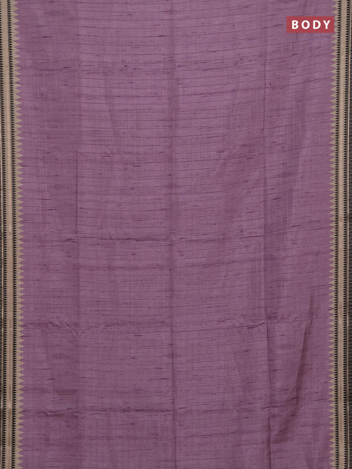 Semi tussar saree lavender and beige with allover zari checked pattern and temple design zari woven border
