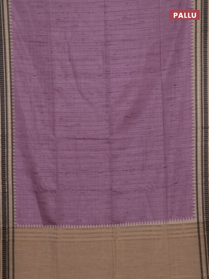 Semi tussar saree lavender and beige with allover zari checked pattern and temple design zari woven border