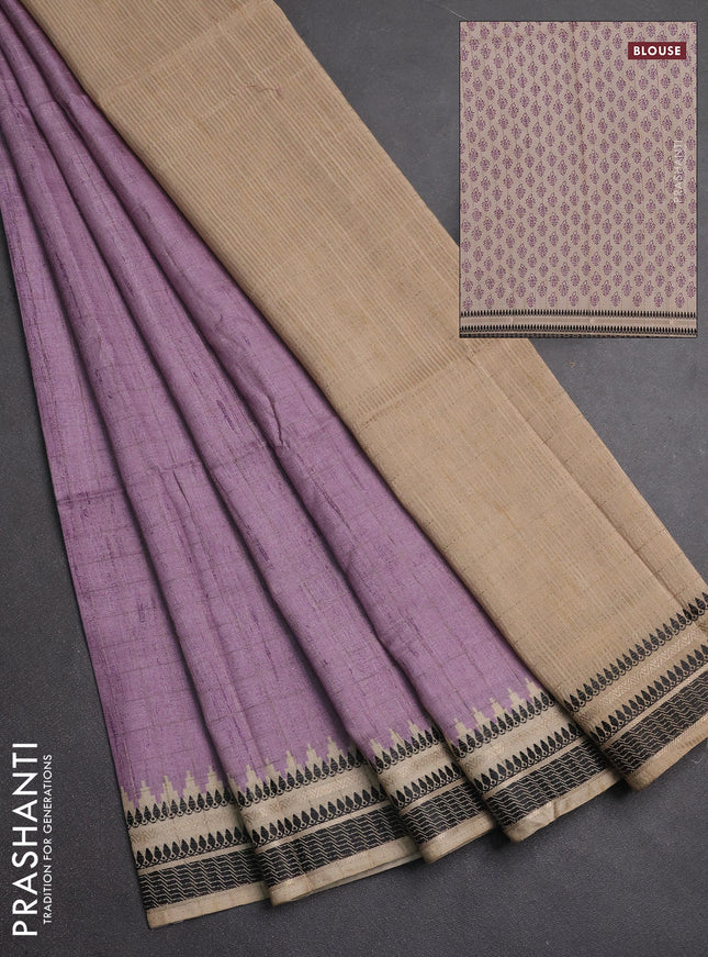 Semi tussar saree lavender and beige with allover zari checked pattern and temple design zari woven border