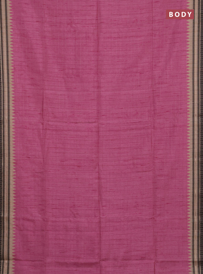 Semi tussar saree pink and beige with allover zari checked pattern and temple design zari woven border