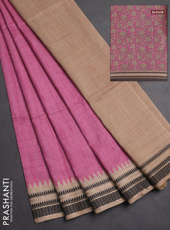 Semi tussar saree pink and beige with allover zari checked pattern and temple design zari woven border