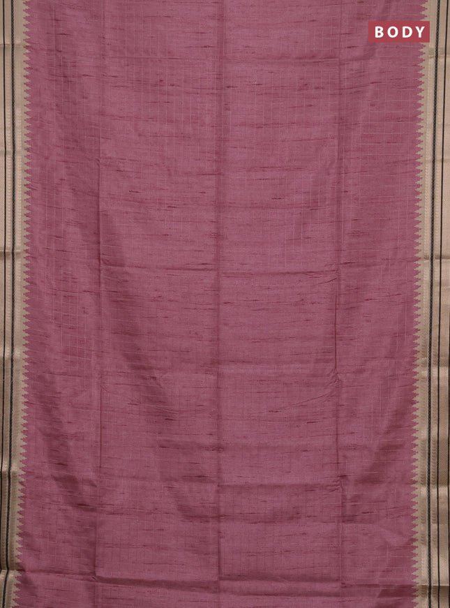 Semi tussar saree mauve pink and beige with allover zari checked pattern and temple design zari woven border