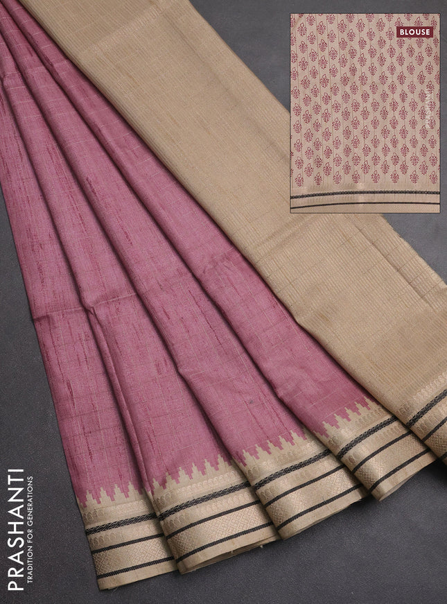 Semi tussar saree mauve pink and beige with allover zari checked pattern and temple design zari woven border