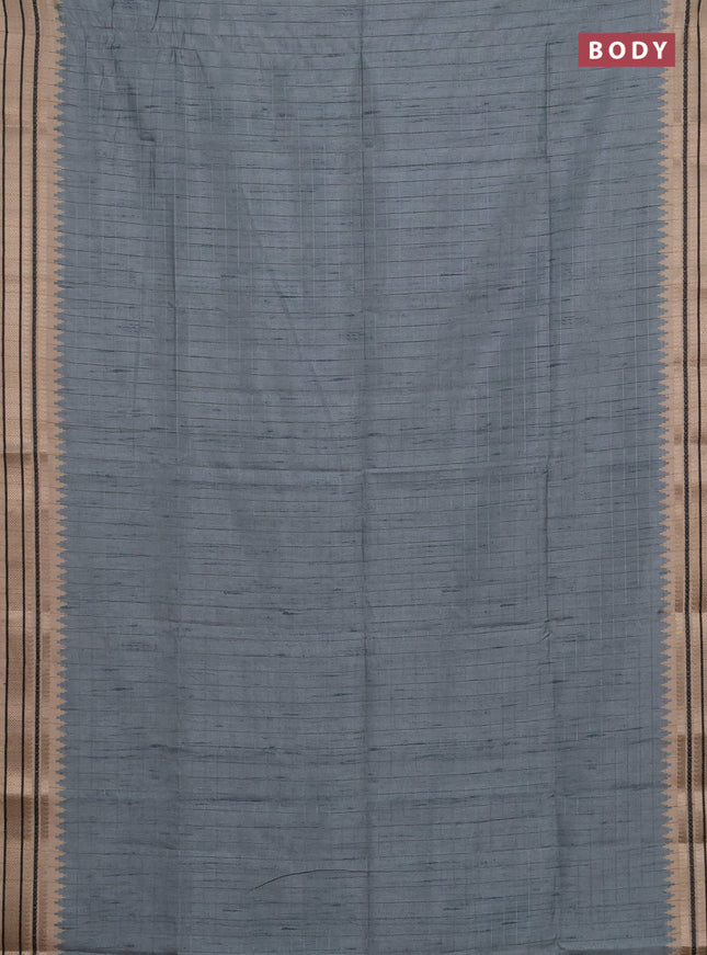 Semi tussar saree pastel blue and beige with allover zari checked pattern and temple design zari woven border