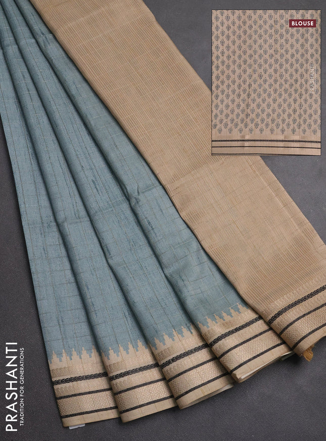 Semi tussar saree pastel blue and beige with allover zari checked pattern and temple design zari woven border