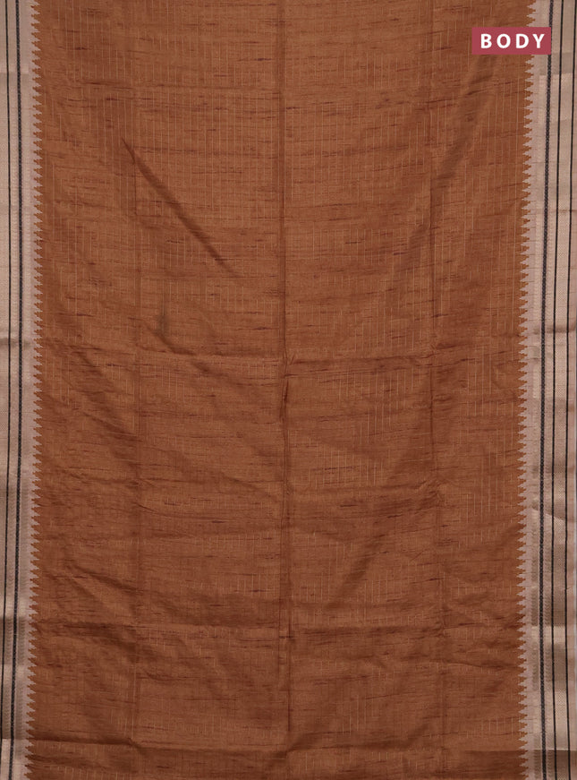 Semi tussar saree dark mustard and beige with allover zari checked pattern and temple design zari woven border