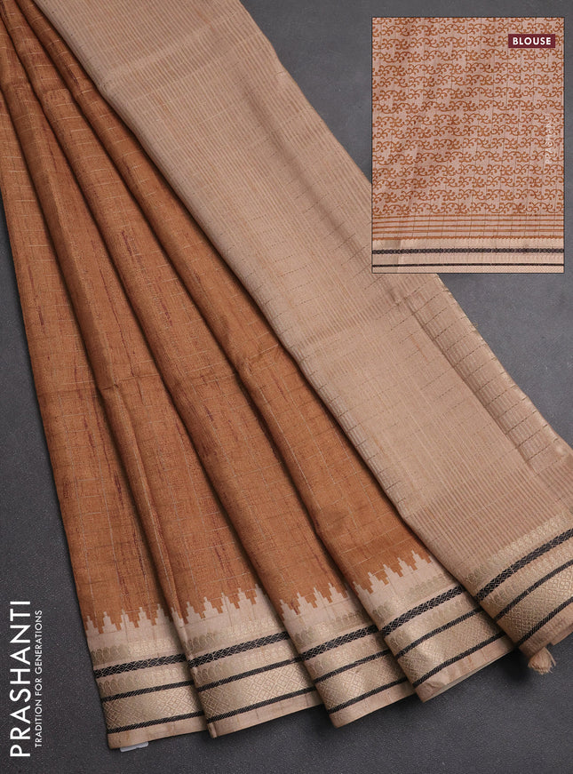 Semi tussar saree dark mustard and beige with allover zari checked pattern and temple design zari woven border