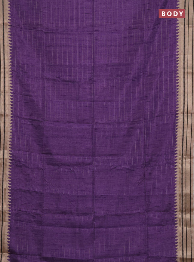 Semi tussar saree purple and beige with allover zari checked pattern and temple design zari woven border