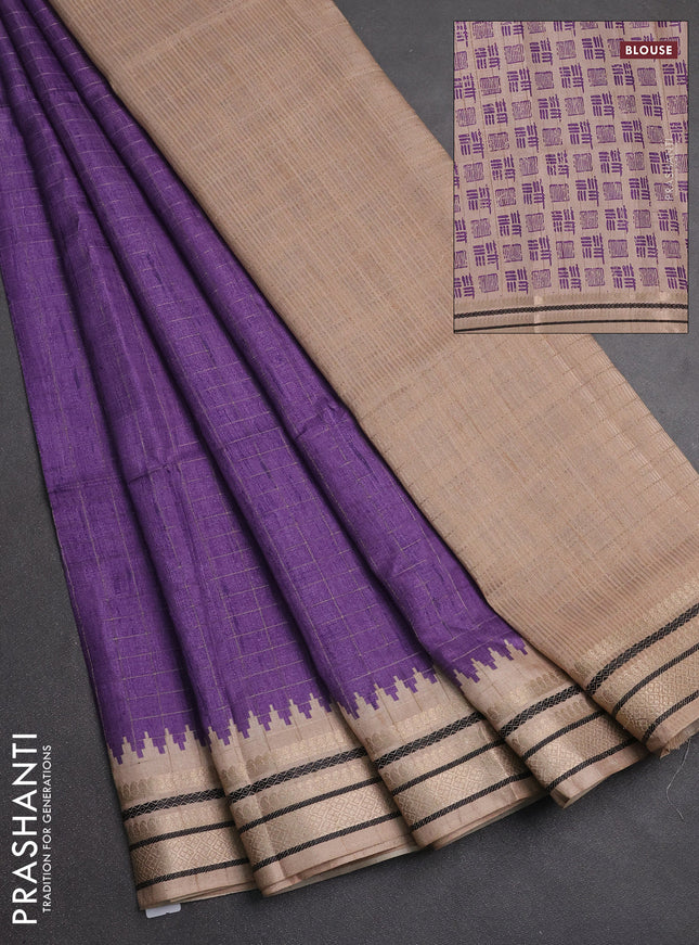 Semi tussar saree purple and beige with allover zari checked pattern and temple design zari woven border