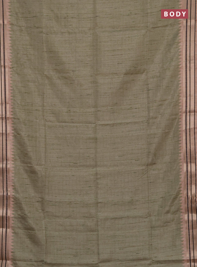 Semi tussar saree pastel green and beige with allover zari checked pattern and temple design zari woven border