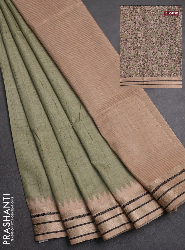 Semi tussar saree pastel green and beige with allover zari checked pattern and temple design zari woven border