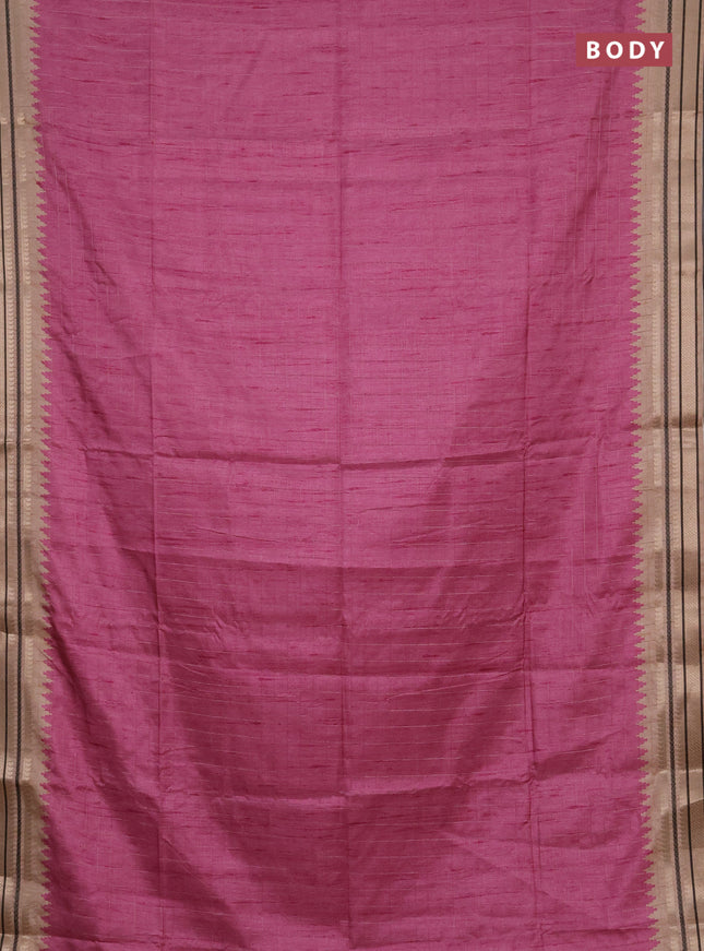 Semi tussar saree pink and beige with allover zari checked pattern and temple design zari woven border