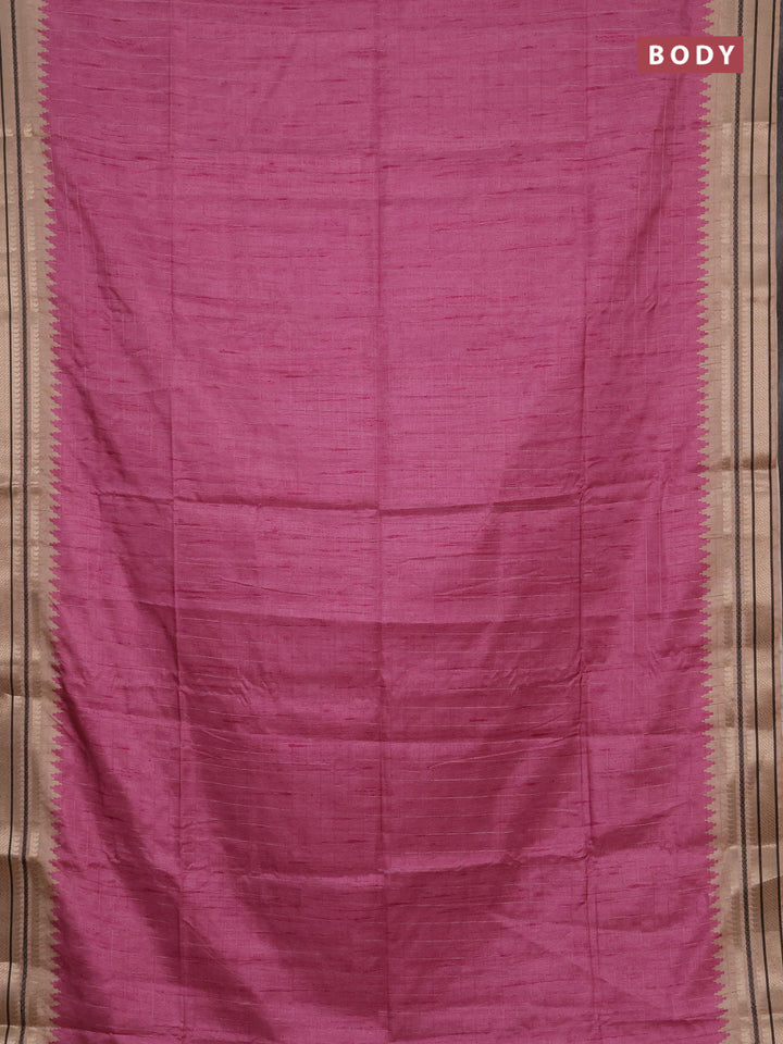 Semi tussar saree pink and beige with allover zari checked pattern and temple design zari woven border