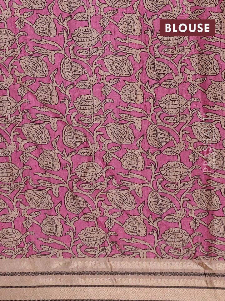 Semi tussar saree pink and beige with allover zari checked pattern and temple design zari woven border