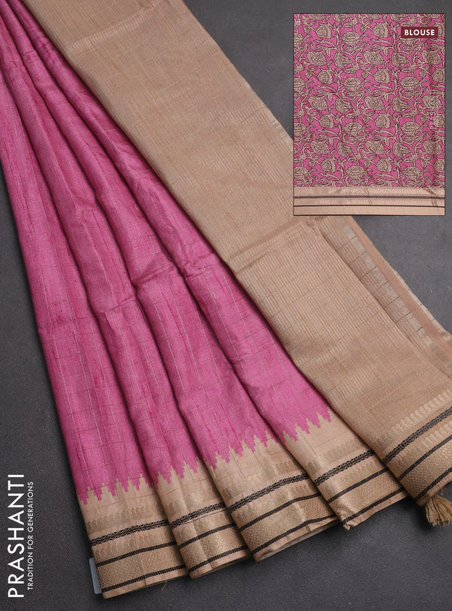 Semi tussar saree pink and beige with allover zari checked pattern and temple design zari woven border