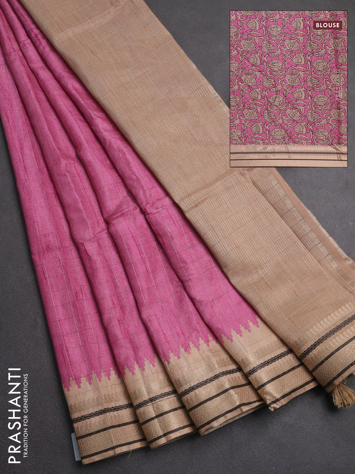 Semi tussar saree pink and beige with allover zari checked pattern and temple design zari woven border