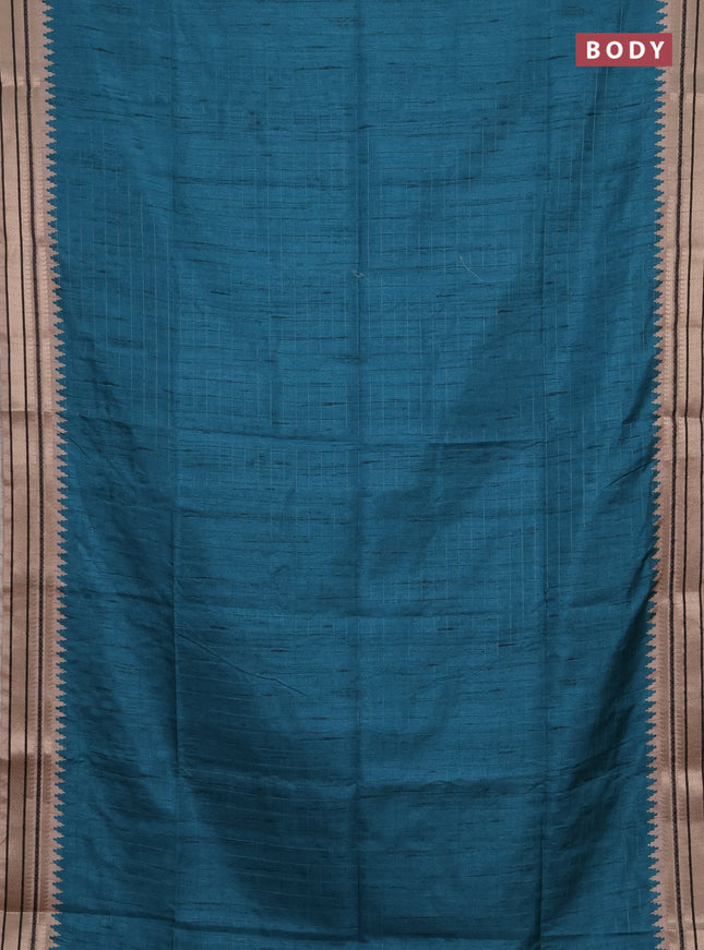 Semi tussar saree peacock green and beige with allover zari checked pattern and temple design zari woven border