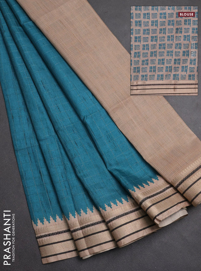 Semi tussar saree peacock green and beige with allover zari checked pattern and temple design zari woven border