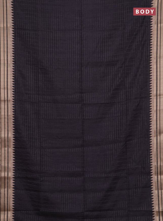 Semi tussar saree black and beige with allover zari checked pattern and temple design zari woven border