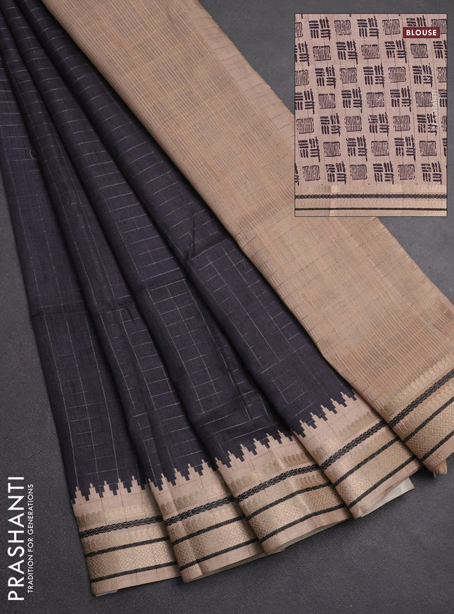 Semi tussar saree black and beige with allover zari checked pattern and temple design zari woven border
