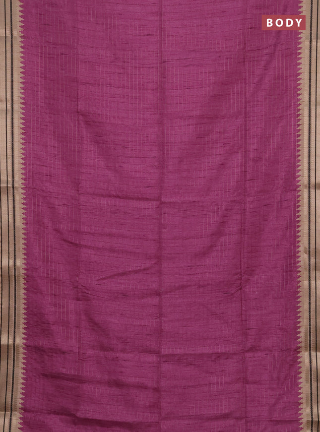 Semi tussar saree purple and beige with allover zari checked pattern and temple design zari woven border