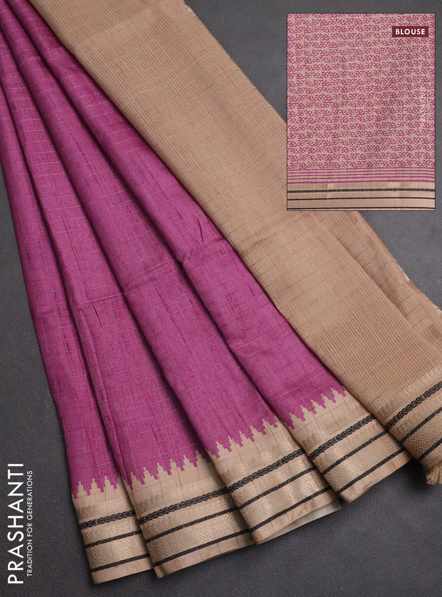 Semi tussar saree purple and beige with allover zari checked pattern and temple design zari woven border
