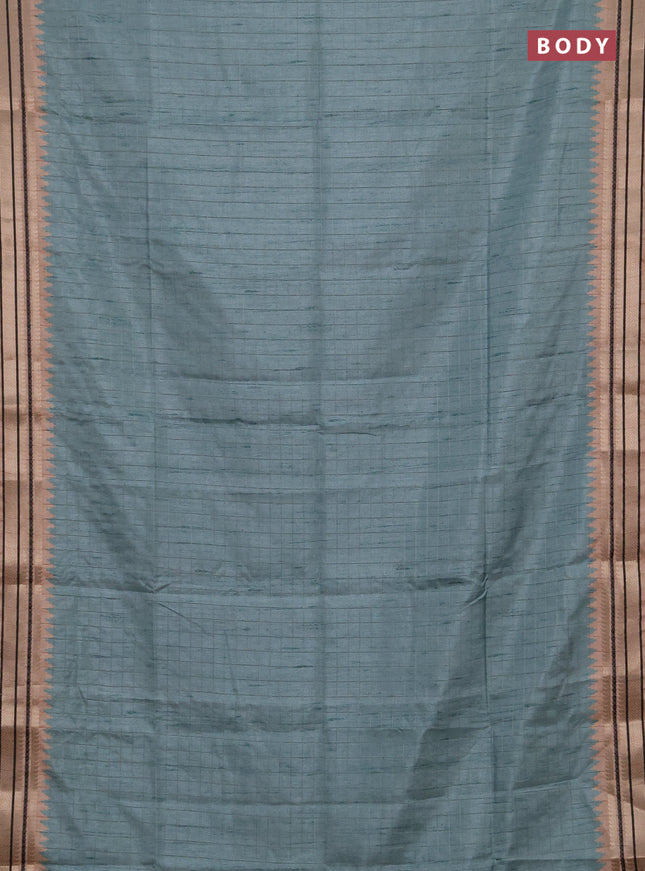 Semi tussar saree teal green and beige with allover zari checked pattern and temple design zari woven border