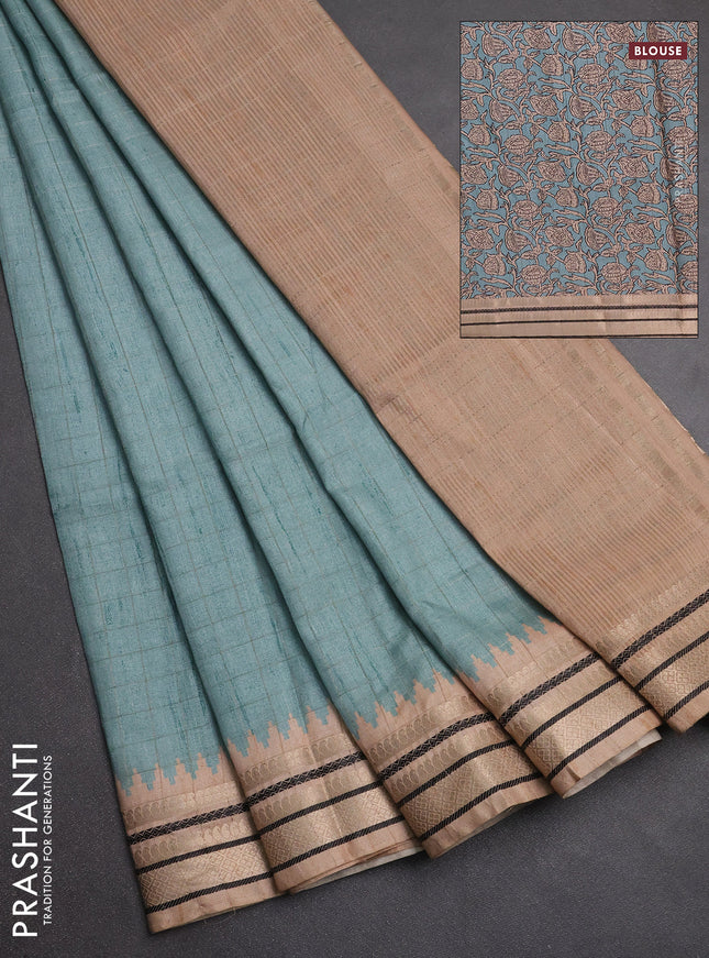 Semi tussar saree teal green and beige with allover zari checked pattern and temple design zari woven border