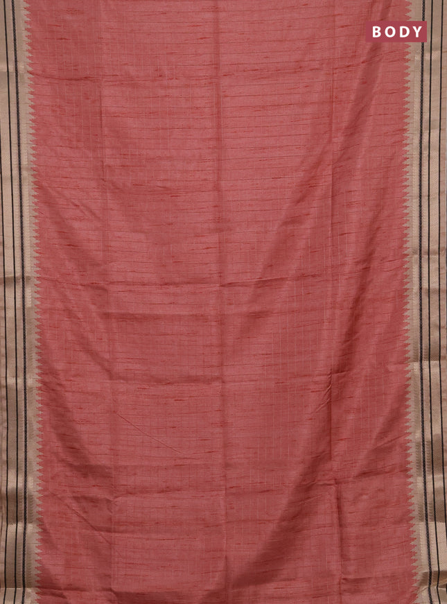 Semi tussar saree peach shade and beige with allover zari checked pattern and temple design zari woven border