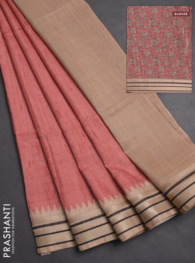 Semi tussar saree peach shade and beige with allover zari checked pattern and temple design zari woven border
